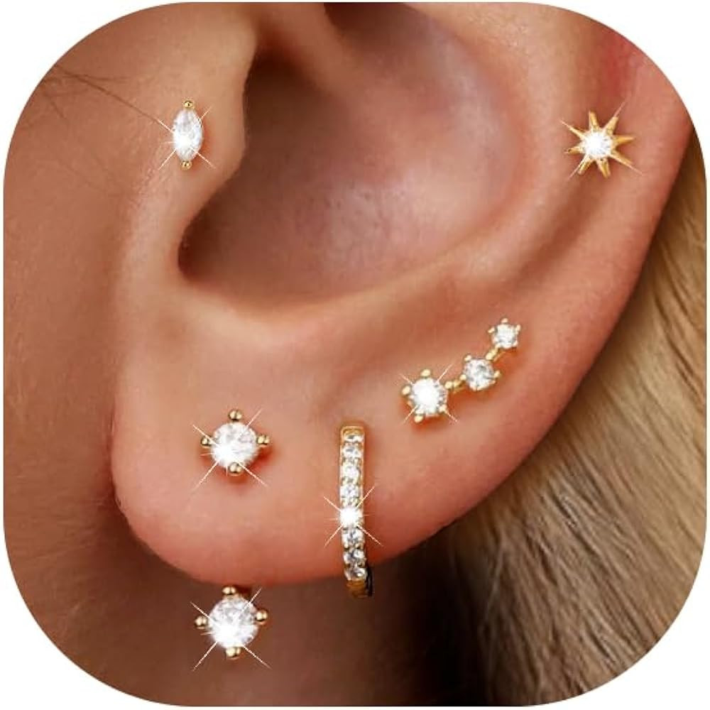 6 Pairs 14K Gold Plated Stud Earrings for Women, Hypoallergenic Cartilage Earrings for Multiple P... | Amazon (US)