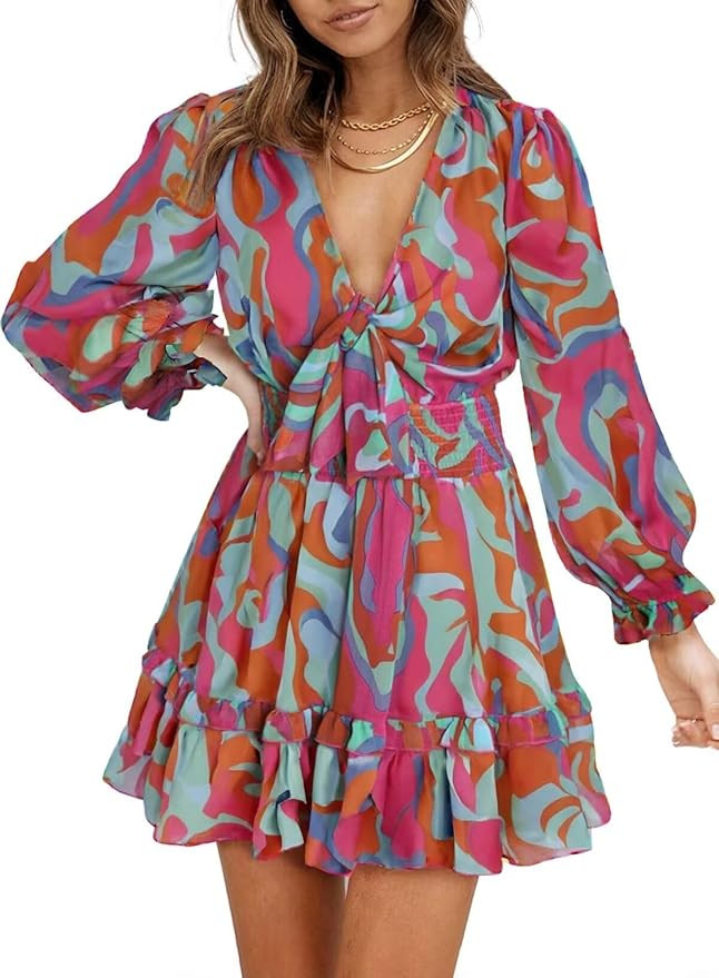 Dokotoo Womens Fall Fashion 2024 Deep V Neck Knotted Tiered Chiffon Elegant Mini Short Swing Skat... | Amazon (US)