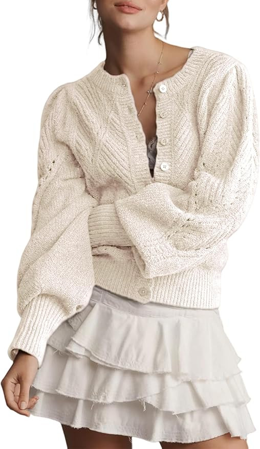 Women Pointelle Knit Lightweight Cardigan Puff Sleeve Scalloped Trim Button Down Open Front Cropp... | Amazon (US)