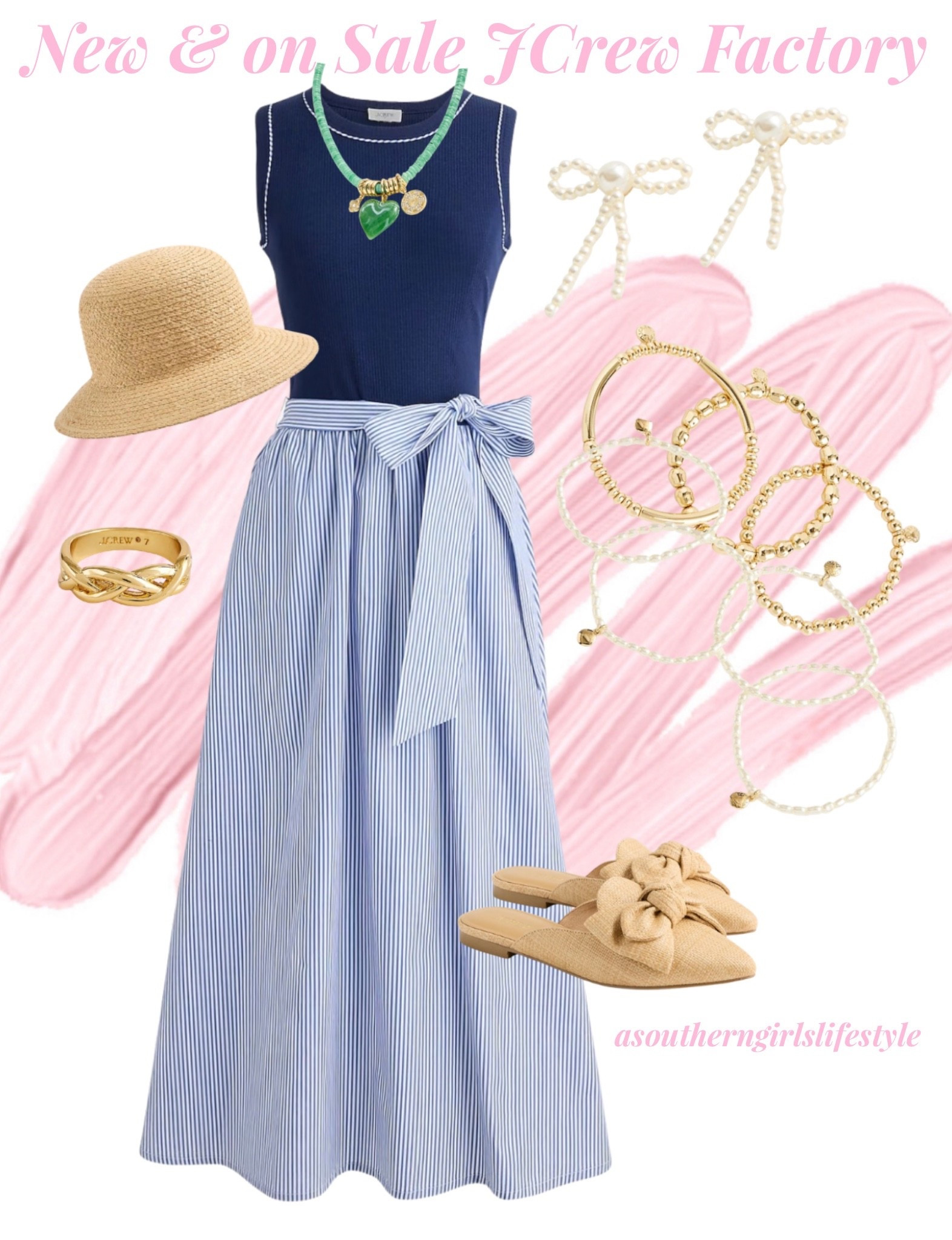 New & On Sale JCrew Factory Is giving all the coastal, nautical & preppy feels! Farmers Market to Brunch! 

Mix Media Tie Waist Dress, Straw Hat, Green Heart Beaded Necklace, Pearl Bow Earrings, Pearl Stretch Bracelets, Gold Bracelets, Braided Ring & Woven Bow Mules 

Spring Dresses. Vacation Outfits Beach. Spring Outfits. Resort Wear 2026 @jcrew 

#LTKSaleAlert #LTKSeasonal #LTKootd