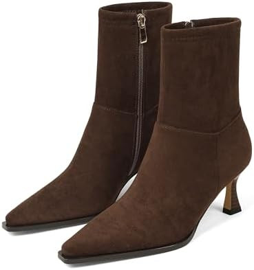 Womens Brown Suede Fall Boots with Side Zip, Ankle, Mid Calf, Pointed Toe, Kitten Heel, Dressy, S... | Amazon (US)