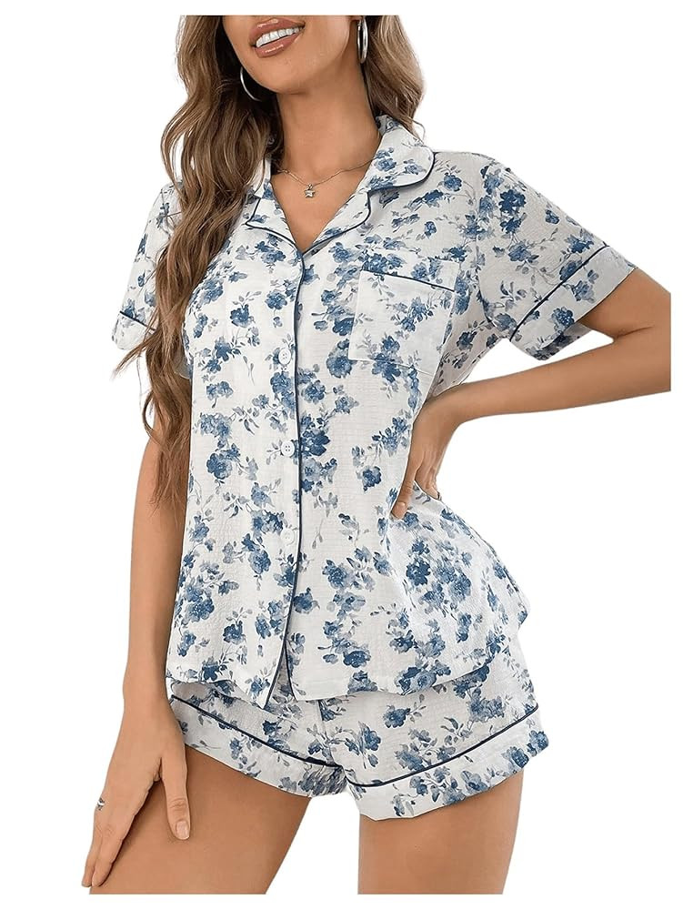SHENHE Women's 2 Piece Pajama Set Bow Graphic Button Down Short Sleeve Lapel Shirt Pj Short Set | Amazon (US)