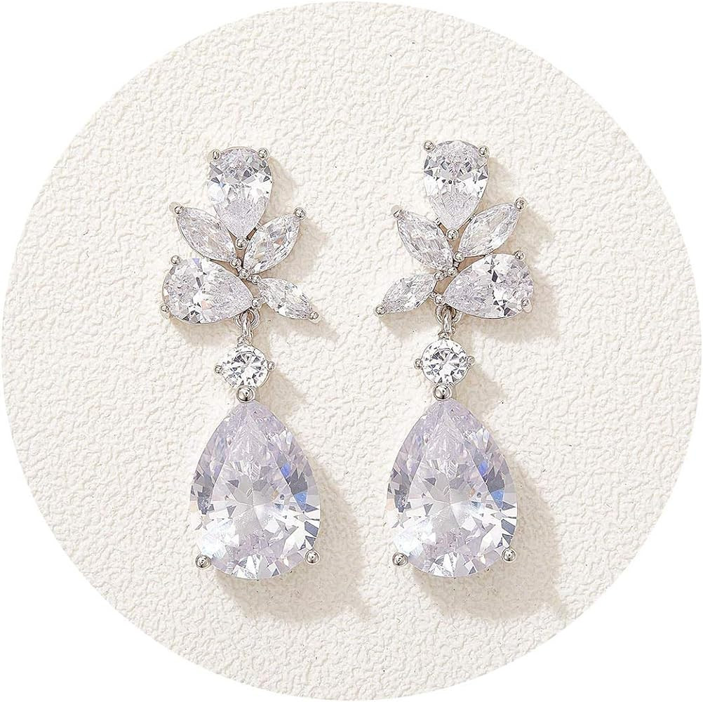 SWEETV Elegant Bridal Wedding Earrings for Brides, Bridesmaids, Cubic Zirconia Teardrop Dangle Ea... | Amazon (US)