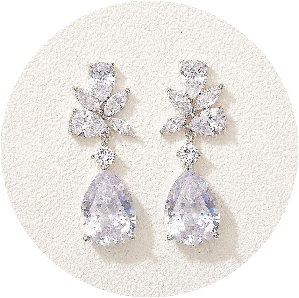 SWEETV Elegant Bridal Wedding Earrings for Brides, Bridesmaids, Cubic Zirconia Teardrop Dangle Earri | Amazon (US)