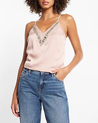 Satin Embellished V-neck Cami | Express