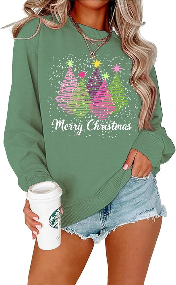 Christmas Sweatshirts for Women Christmas Tree Long Sleeve Shirt Merry Xmas Holiday Sequin Pullov... | Amazon (US)