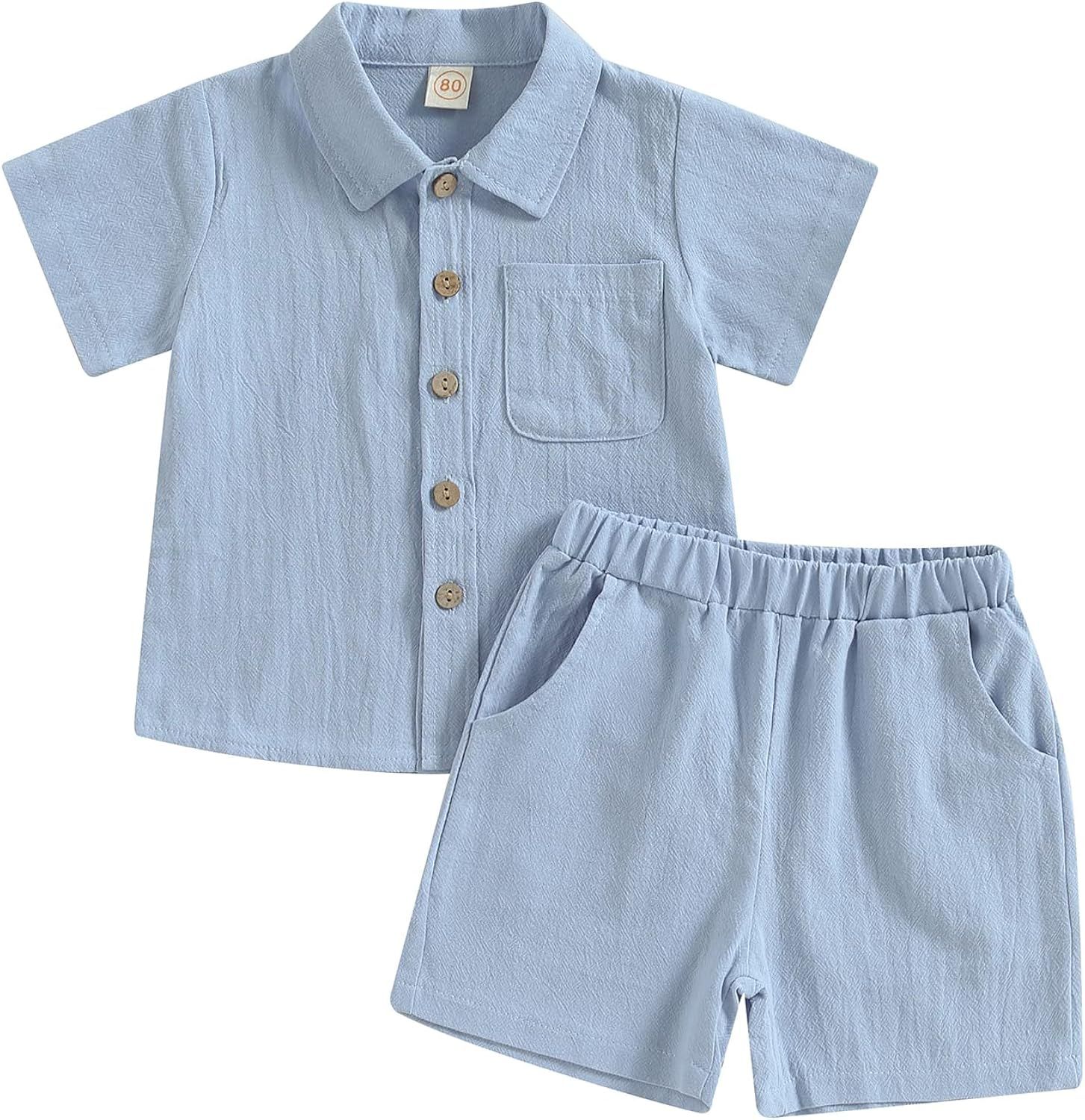 Hoanselay Baby Boy Cotton Linen Shorts Set Solid Color Short Sleeve Button Down T-Shirt Tops and ... | Amazon (US)