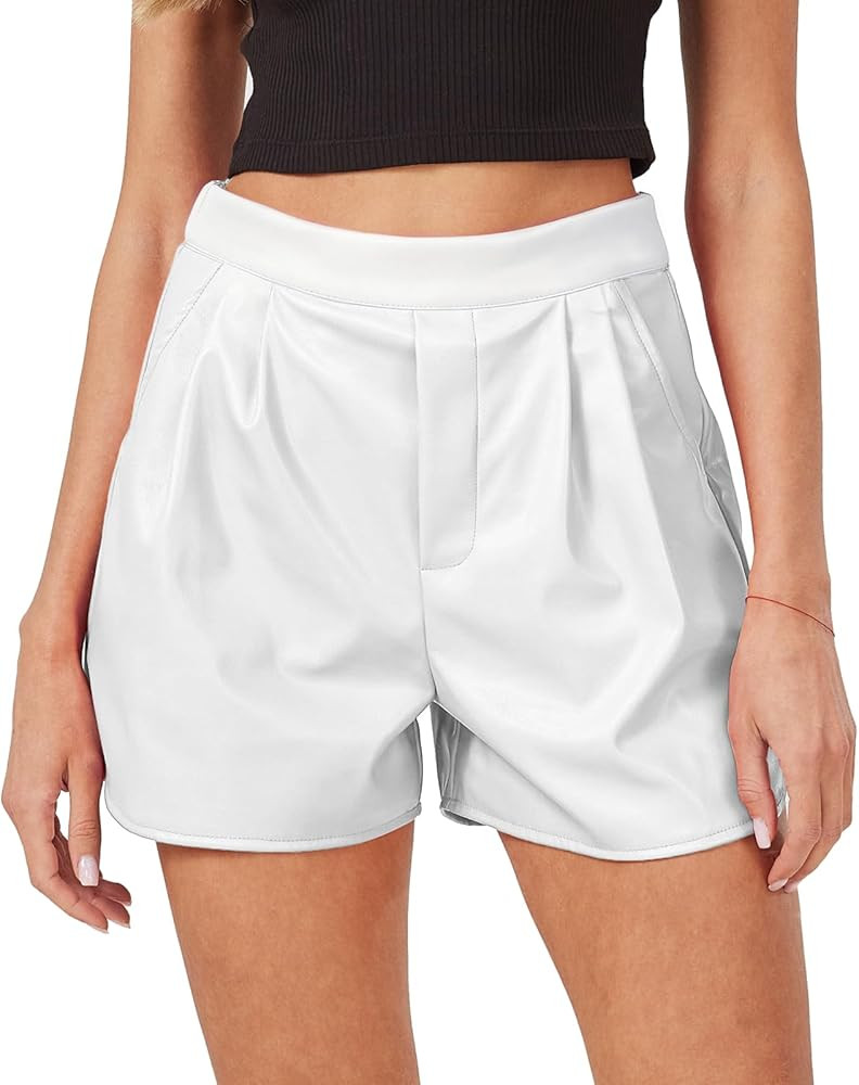 XinYangNi Women's Faux Leather PU Leather Elastic High Wasited Pleated Wide Leg Dressy Shorts | Amazon (US)