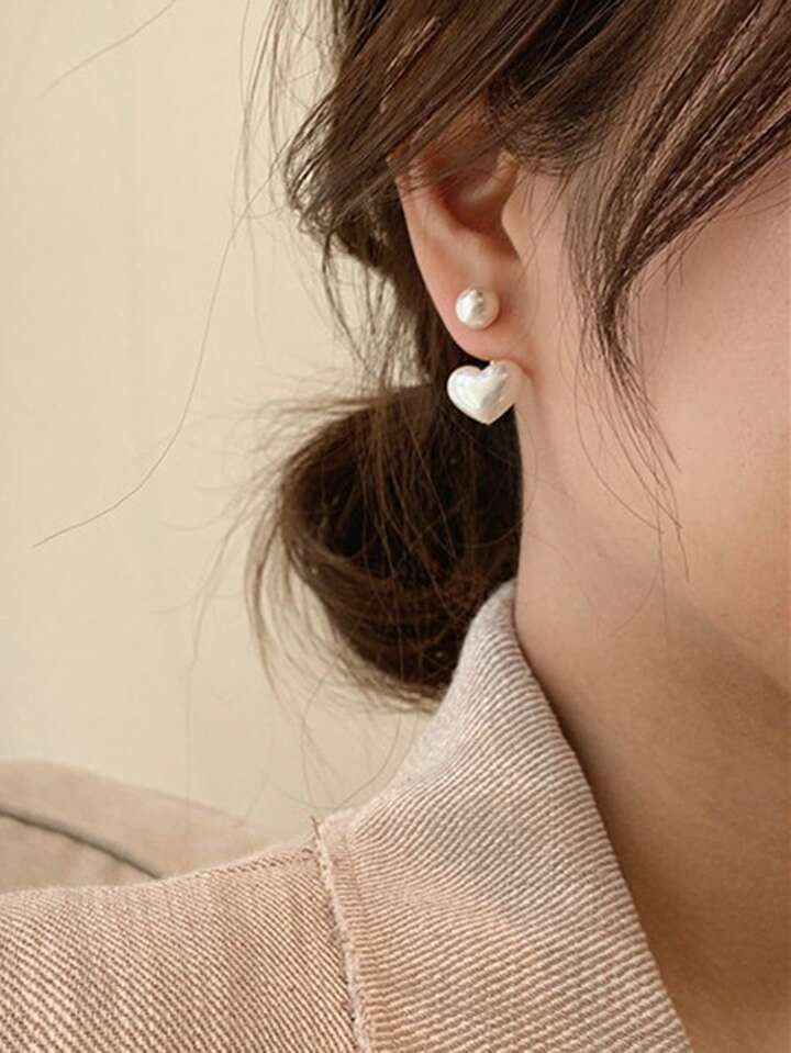 1 Paar Schlichte Kleine Herz Und Perlen Stecker Ohrringe Für Frauen, Vielseitig Und Elegant | SHEIN