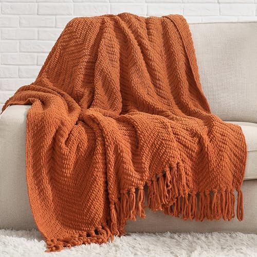 Bedsure Throw Blankets for Couch - Textured Chunky Knit Woven Chenille Blanket - Super Soft, Warm Decorative Boho Throw with Tassels for Bed, Sofa and Living Room, Burnt Orange, 50x60 Inches | Amazon (US)