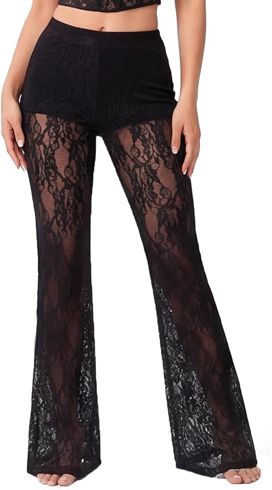 Women's Mesh Sheer Floral Lace Flare High Waist Long Trousers Pants | Amazon (US)