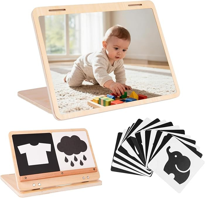 Tummy Time Mirror Large Baby Mirror Toy and Card Display Stand with Black and White High Contrast... | Amazon (US)