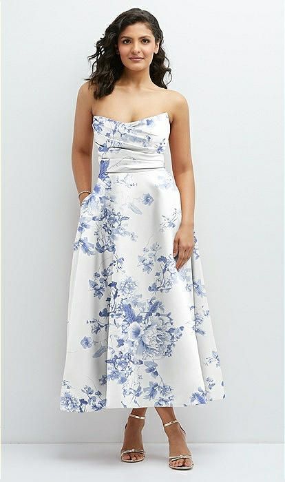 Draped Bodice Strapless Floral Midi Dress with Full Circle Skirt in Cottage Rose Larkspur | The Dessy Group