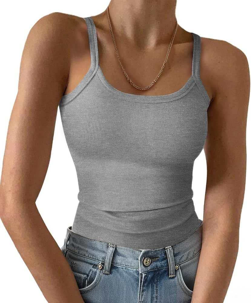 Ribbed Tank Tops for Women 2026 Spaghetti Strap Scoop Neck Slim Fitted Basic Sleeveless Casual Wo... | Amazon (US)