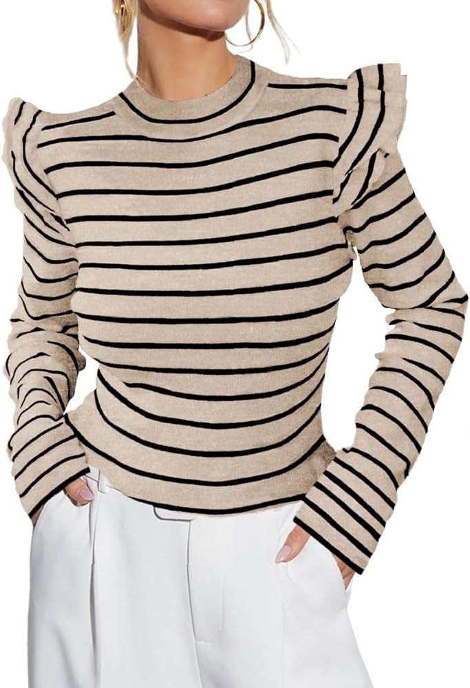 Ezbelle Women's Long Sleeve Ruffle Shirts Striped Rib Knit Blouse Slim Casual Office Trendy Fall ... | Amazon (US)