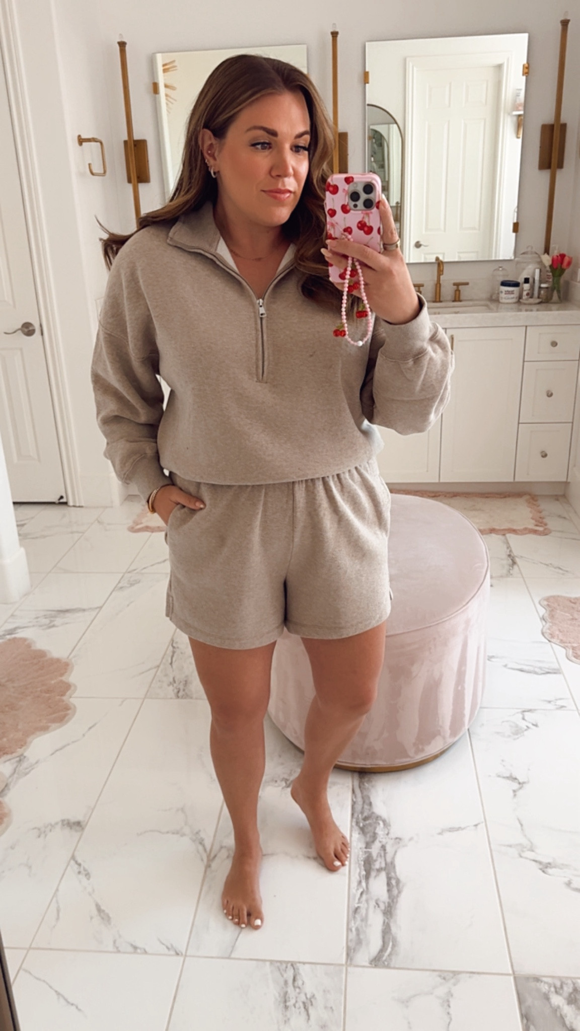 curvy cozy short sweat set for fall! wearing size large in half zip pullover and shorts. color: oatmeal 

#LTKSeasonal #LTKFindsUnder100 #LTKMidsize
