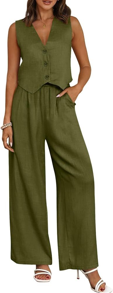 AUTOMET Womens 2 Piece Outfits Linen Lounge Pants Matching Two Piece Sets Sleeveless V Neck Tops ... | Amazon (US)