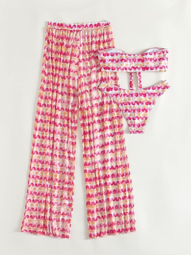 OYOANGLE Women's 3 Pieces Bathing Suit Tie Dye Knot Front Bandeau Bikini Swimsuit with Cover Up P... | Amazon (US)