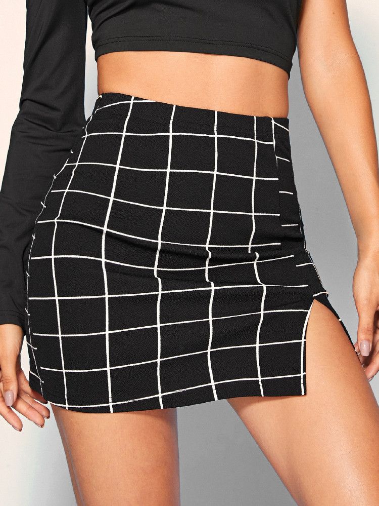SHEIN Grid Front Slit Bodycon Mini Skirt | SHEIN