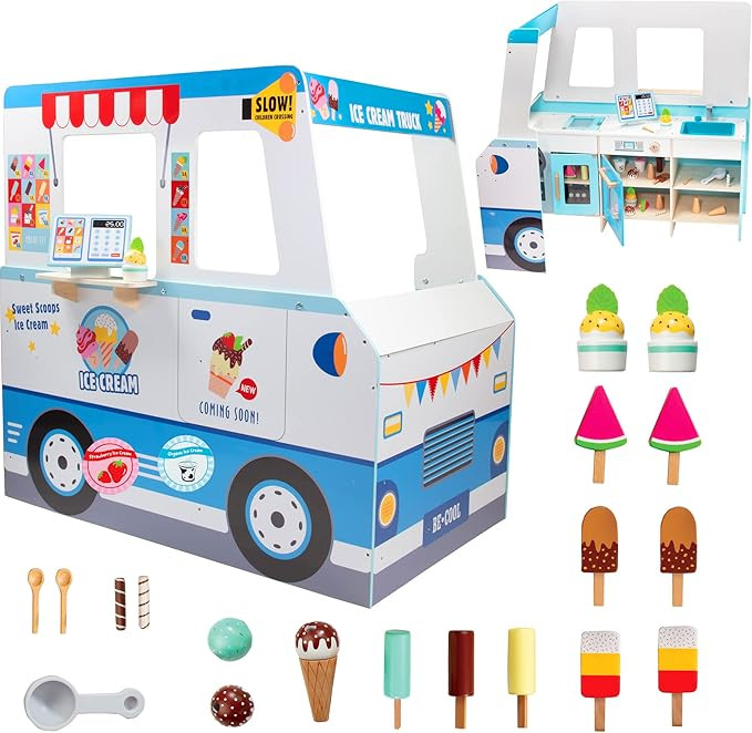 Ice Cream Truck Wooden Playset- 20 Fun Toy Pieces Including Freezer, Steering Wheel Sink & Sticke... | Amazon (US)