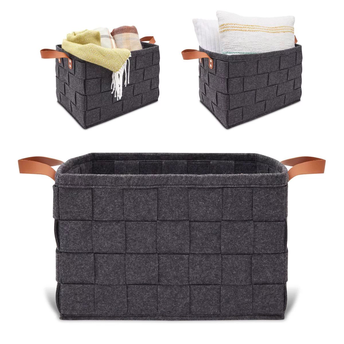 3 Pack Gray Felt Foldable Storage Basket with Handles for Shelves, Closet, Home Decor and Accesso... | Walmart (US)