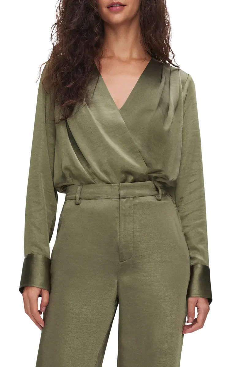 Good American Long Sleeve Washed Satin Wrap Front Bodysuit | Nordstrom | Nordstrom