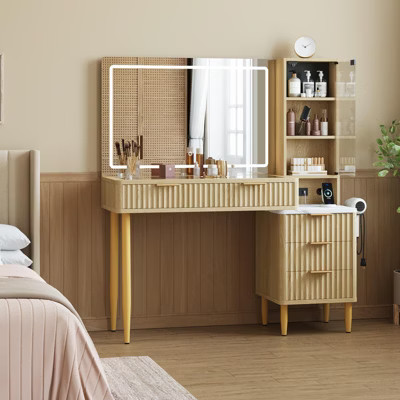 Makeup Vanity Desk with Lights - Fluted Wooden Dressing Table with 5 Drawers and Adjustable Shelves, Modern Glass Top, Charging Station for Bedroom | Target