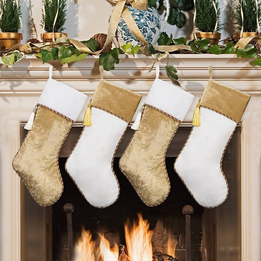 White and Gold Christmas Stockings 4 Pack Velvet Christmas Stockings with Tassel Decorations for ... | Amazon (US)
