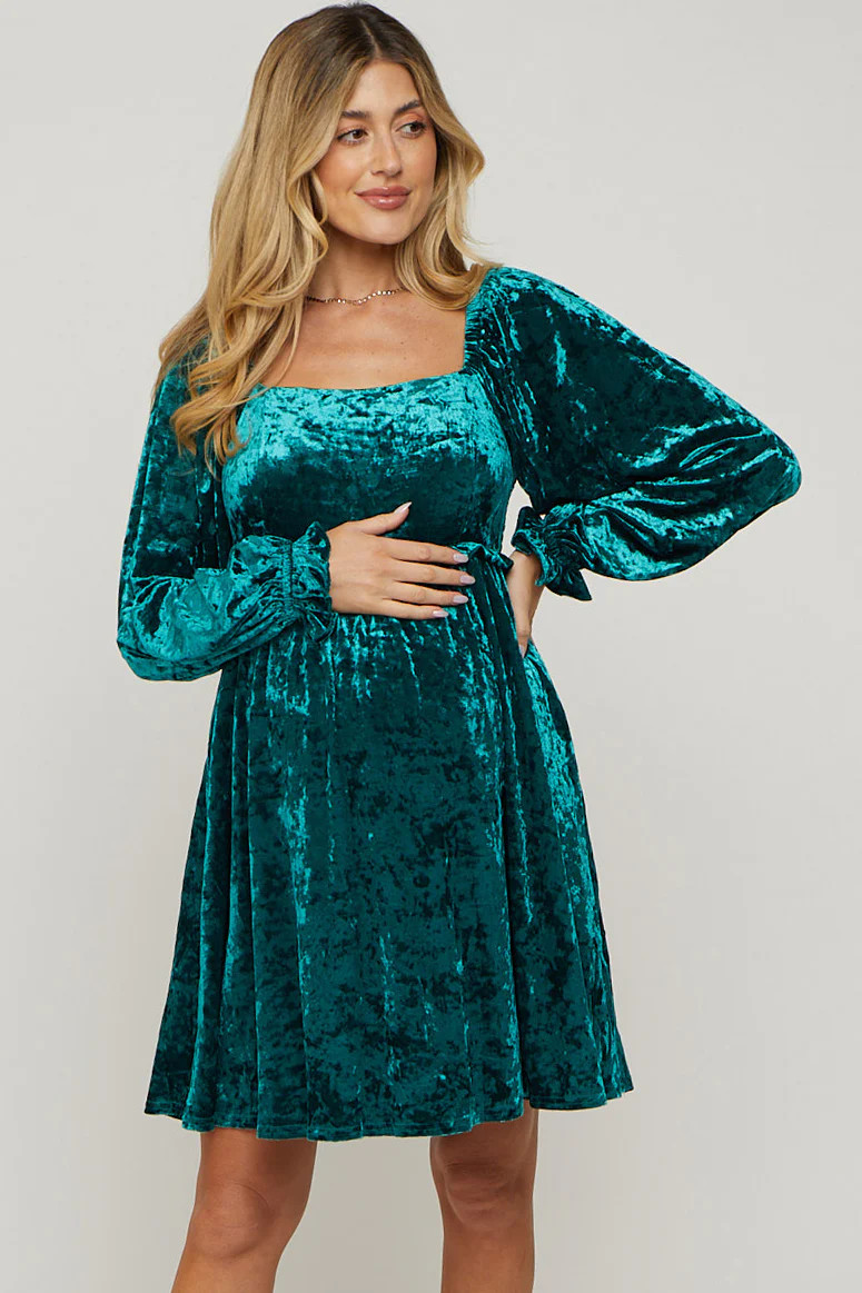 Green Teal Velour Square Neck Maternity Dress | PinkBlush Maternity