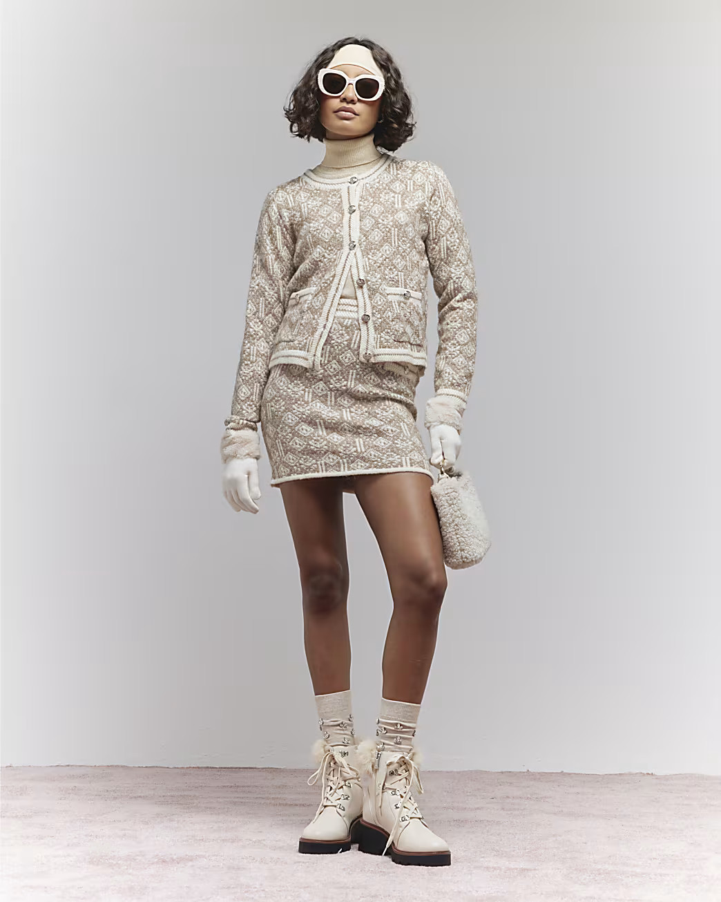 Beige Geometric Lurex Knit Cardigan | River Island UK & IE