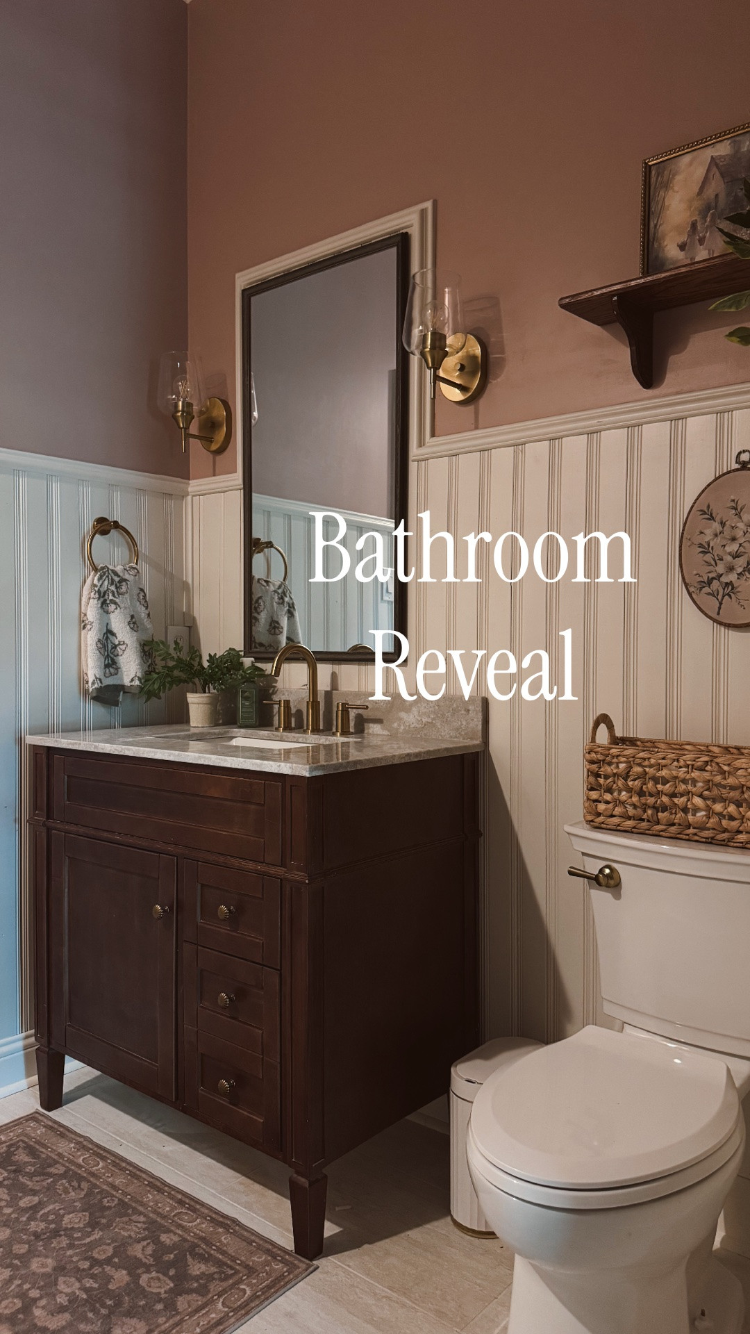A girls vintage inspired bathroom
 
Mauve paint color : Vintage Tea Rose by Behr 

Board and Batten color : White Duck by SW

#LTKHome