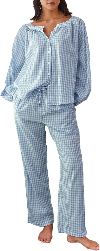 Argeousgor Women Plaid 2 Piece Pajama Set Button Down Puff Sleeve Babydoll Shirt Gingham Pants Pj... | Amazon (US)