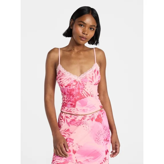No Boundaries Lace Trim Mesh Camisole Top, Women's XXS-XXL | Walmart (US)