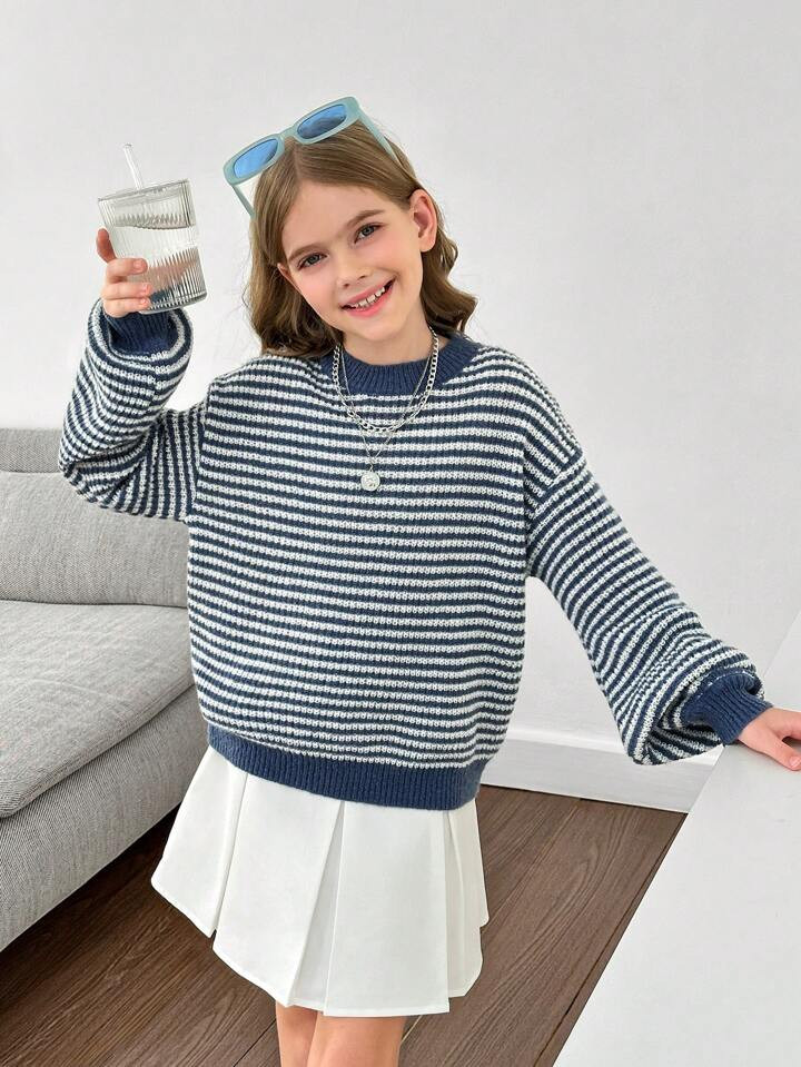 Tween Girls Loose Cozy Minimalist Crew Neck Striped Pattern Drop Shoulder Warm Pullover Sweater | SHEIN