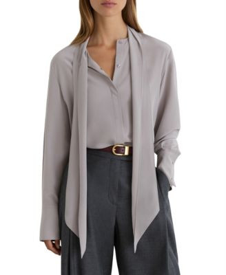 Reiss Women's Kathlyn Long-Sleeve Tie-Neck Silk Blouse - Grey | Macy's