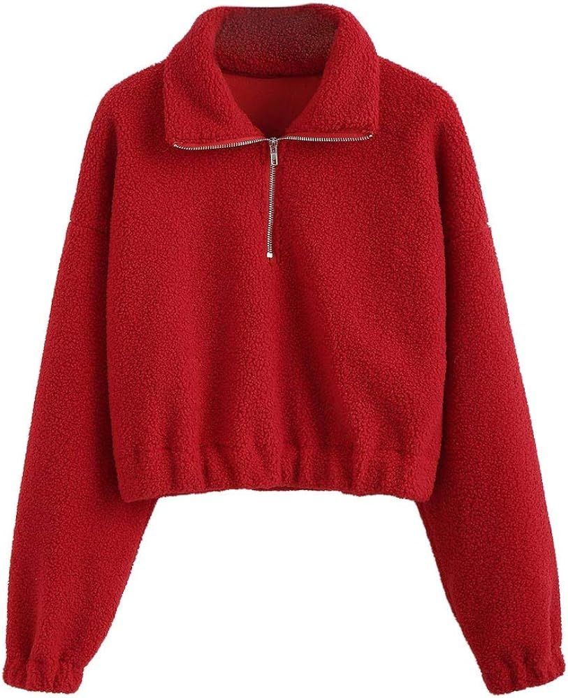 ZAFUL Women's Fashion Long Sleeve Lapel Half Zip Plain Faux Fur Sweatshirt Solid Color Crop Pullover | Amazon (US)