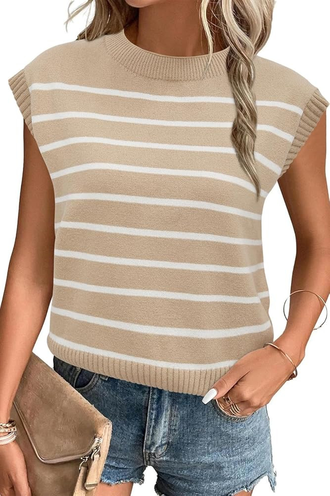 Arach&Cloz Womens Spring Summer 2024 Sweater Vest Cap Sleeve Crew Neck Striped Fashion Casual Sle... | Amazon (US)