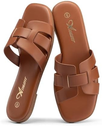 Athlefit Women's Flat Sandals Dressy Summer Square Open Toe Slip On Leather Slide Sandals | Amazon (US)