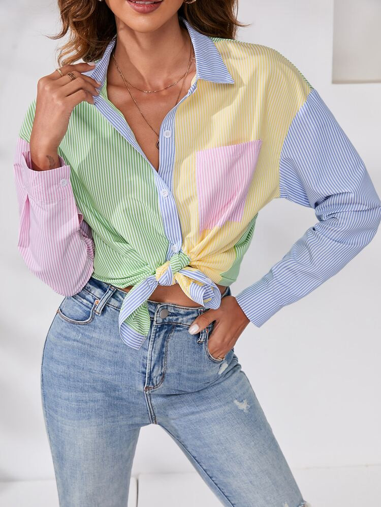 Striped Print Colorblock Drop Shoulder Shirt | SHEIN