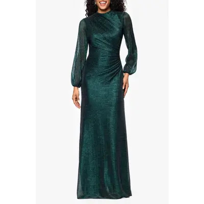 Betsy & Adam Metallic Crinkle Long Sleeve Sheath Gown in Black/Emerald at Nordstrom, Size 12P | Nordstrom