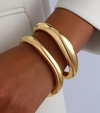 2pcs Gold Bangle Bracelets for Women, Trendy Hinged Cuff Open Wide Chunky Gold Bracelet Stack Arm... | Amazon (US)