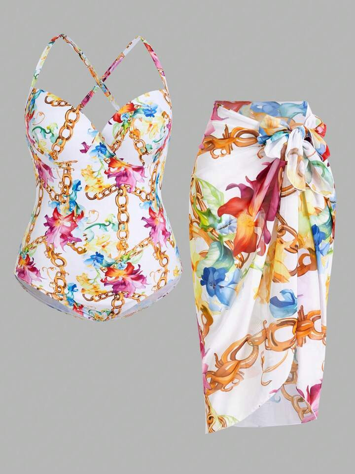 SHEIN Swim Oasis Plus Size Summer Beach Chain Print One-Piece Swimsuit Vacation Style | SHEIN