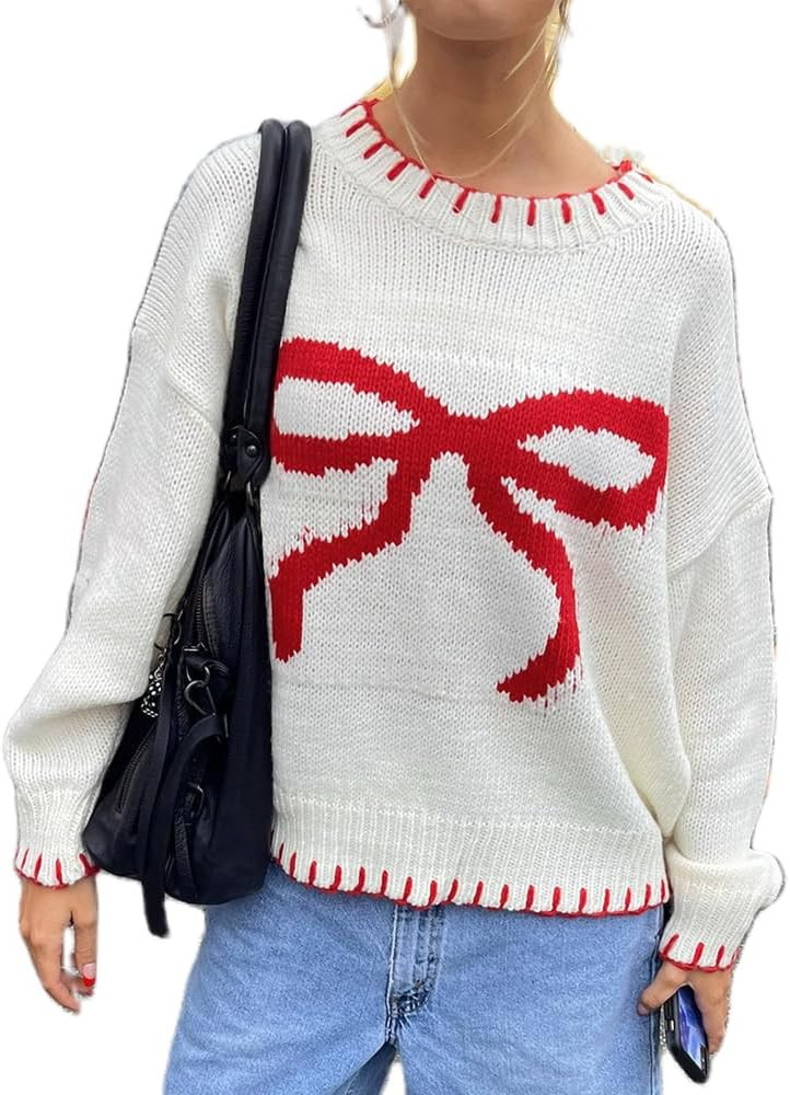 Women Y2K Coquette Bow Sweater Long Sleeve Crewneck Ribbon Pullover E Girl Aesthetic Sweatshirt V... | Amazon (US)