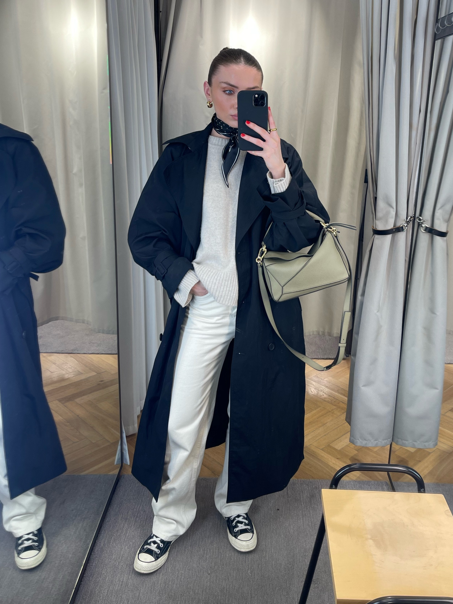 Todays’s outfit 
Small in the &OS black crinkle trench 
Small in the cashmere jumper
26 in the cream jeans, I’m 5ft 6
Converse Chuck 70 hi-tops
Loewe puzzle bag in artichoke green 
Ralph Lauren neck scarf, EMILY25 for 25% off 