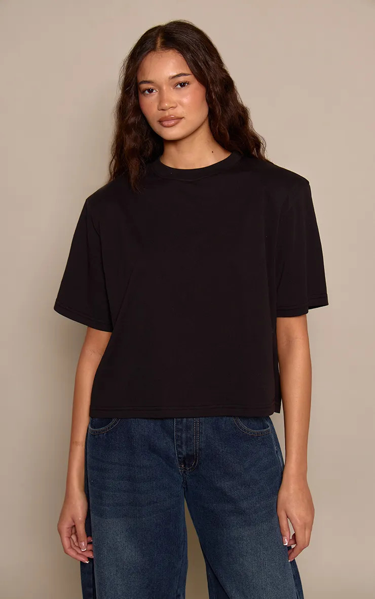 Black PrettyLittleThing Shoulder Pad Cropped  Boxy T-Shirt | Boohoo | Boohoo.com (UK & IE)