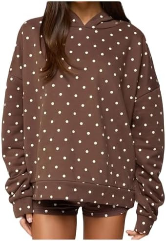 Women 2pcs Sweatshirt Shorts Set Long Sleeve Polka Dot Print Loose Hooded Sweatshirt Fold Over Sh... | Amazon (US)