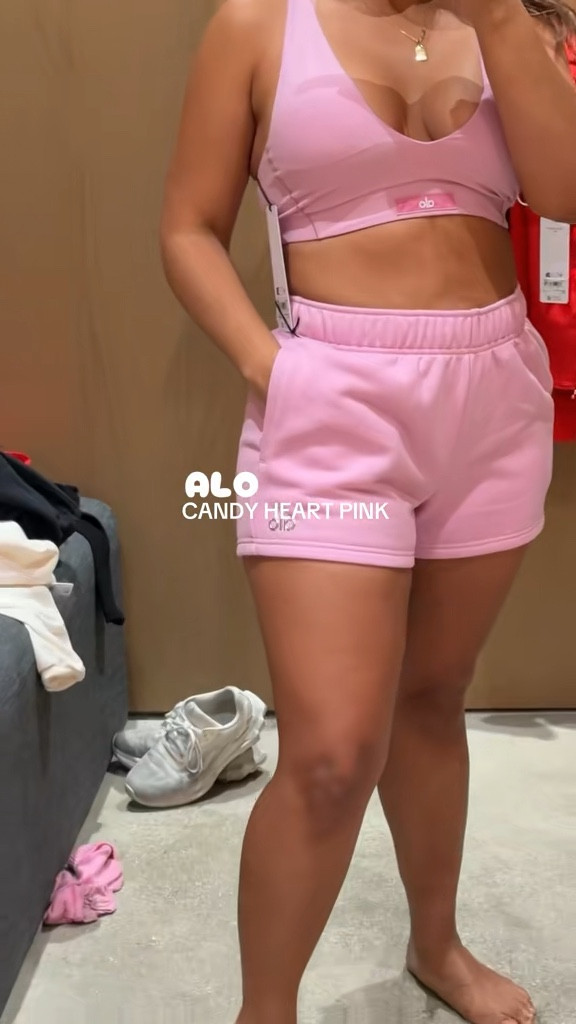New candy heart pink at Alo 
Bras and tops size medium
Bottoms size small 
True to size and stretchy


#LTKSeasonal #LTKActive #LTKfitnessgoals