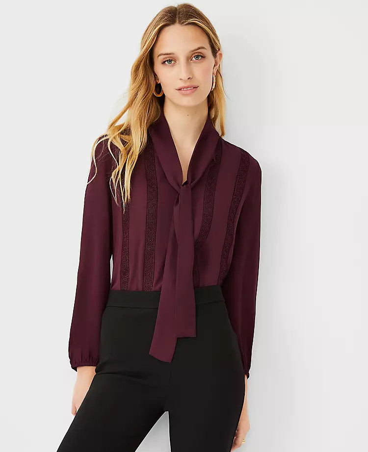 Mixed Media Lace Tie Neck Blouse | Ann Taylor | Ann Taylor (US)