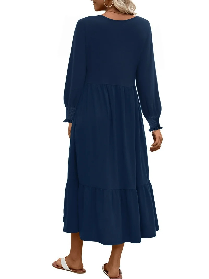 UVN Fall Long Dress for Women Crewneck Casual Long Sleeve Pleated Dresses with Pockets | Walmart (US)