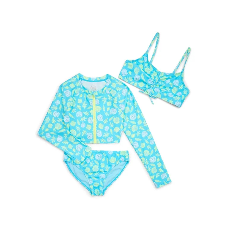 Wonder Nation Girls Long Sleeve Zip-Up Crop Rash Guard with Bikini Top and Bottom Swimsuit, 3-Pie... | Walmart (US)